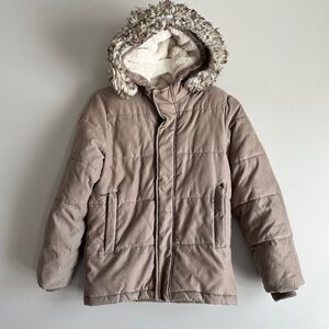 Abercrombie kids parka 9 10 winter coat faux fur hood sherpa line tan brown